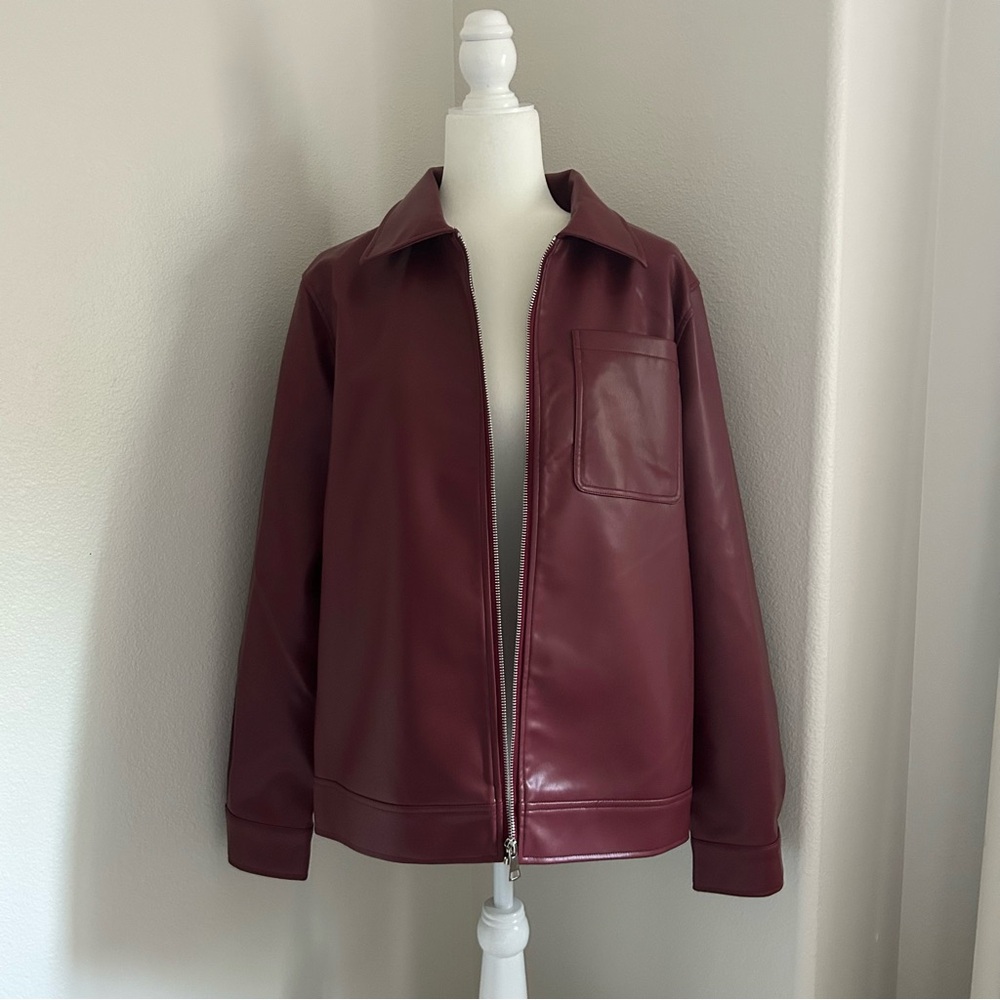 Commense Burgundy Faux Leather Bomber Jacket